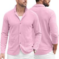 Men's Waffle‑Knit Stand‑Collar Cardigan Jacket, 3‑Button Front, Dual Patch Pockets, Lightweight Casual Blazer for Daily & Smart‑Casual Wear XL rožinė