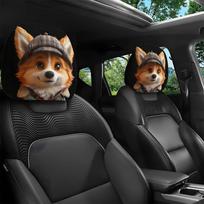 Retro Detective Corgi Print Car Headrest Cover Polyester Fabric Machine Washable Easy Install Universal All Season Car 1pc gray