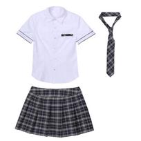 Moterims 3 dalys Mokinukės Cosplay Kostiumas Mokyklinė Uniforma Trumpomis Rankovėmis Marškiniai Languotas Sijonas Kaklaraištis Rinkinys 3XL tamsiai mėlyna spalva