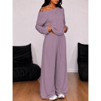 2026 Striped High-Waist Wide-Leg Pants Set Women Loose Fit Casual Knit Two-Piece Outfit XL gray