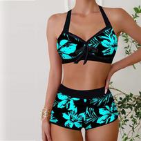 Moteriški maudymosi kostiumėliai Tankini 2 dalių maudymosi kostiumėlis Mėlynas šviesiai gėlėtas maudymosi kostiumėlis kabantis kaklu 5XL žalia