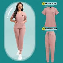 Stretch Scrubs Moterų rinkinys Slaugos uniformos Klinikinių šveitimų rinkinys Slaugytoja Dulkėms atsparus Darbo Drabužiai Medicininiai šveitikliai Top+ Jogger Pants S rožinė
