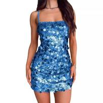 Women's Sequins Suspender Dress Banquet Party Prom Spice Girls Halter Short Hip Dress XL dangaus mėlyna spalva