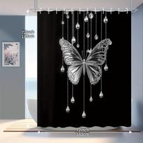 Sidabriškai baltas drugelis ir perlas Dušo užuolaida, 12 kabliukų komplekte, Elegantiškas spaudinio dizainas vonios kambario dekoravimui ir pertvarai W90xH180cm white