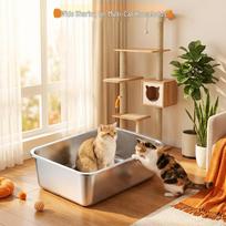 Extra Large Stainless Steel Enclosed Cat Litter Box, Anti-Splash, Detachable, and Washable Includes Cat Litter Scoop beige