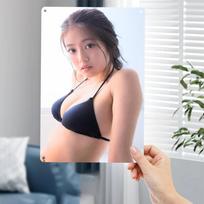 HD Metal Wall Art Alluring Asian Woman with WetLook Hair in Sexy Black Textured Bikini Top Standing in Bright Indoor Space with 20x30cm（7.8x11.8inch） white