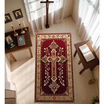 Red Gold Floral Orthodox Cross Area Rug Non Slip Washable Religious Prayer Floor Mat Hall Carpet 50X80cm