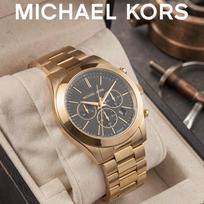 MICHAEL KORS Slim Runway Men's Quartz Chronograph Watch Black Dial Gold-Tone Steel Bracelet 44mm MK1076 juoda