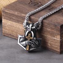 Norse Vikings Thor Hammer Mjolnir Rune Amulet Necklace Vegvisir Wolf Raven Pendant Male Jewelry no box&50cm gray