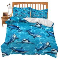 Shark Soft Duvet Cover Quen, 3D Shark Warm Comforter Cover for Children Kids Young Boys Young Girls Tens, Ocean Wave Bed Linen Set, Ocean Life Beding 120*200cm Single blue