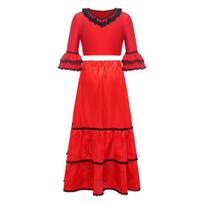 Girls Flamenco Dance Half Sleeves Crop Top Tassel Satin Tiered Skirt Elastic Waistband Performance Set 13-14 Years raudona