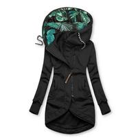 Women's Hood Collar Long Sleeve Zip Up Hoodie Loose Fit Casual Style Leaf Print Lined Mid Length Sweatshirt Coat XL juoda