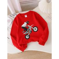 Motocross Rider Action Bike 07 Girls' Crew Neck Fashion Sweatshirt, Autumn and Winter Western Style Top, Children's Long Sleeved T-shirt 130 raudona