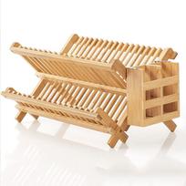 Daugiasluoksnis bambukinis indų džiovinimo stovas su vandens surinkimo padėklu 18-slot Dish Draining Rack beige