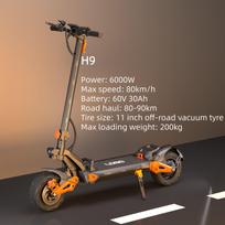 2026 ES H9 Elektrinis paspirtukas 6000W Dvigubas variklis 60V 30Ah Baterija Maksimalus greitis 80km/h Nuvažiuojamas atstumas 90km 11 colių Visureigiams Suaugusiųjų E-paspirtukas H9-6000W60V30AH//**-TT