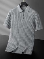 Short Sleeve Slim Fit Cable Knit Cotton Polo - Hong Kong Style white
