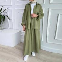 2 dalių marškiniai ilgomis rankovėmis + sijonai Eid Musulmonų moterų Elegantiški komplektai Abaya Dubai Turkija Islamo laisvalaikio viršūnės Vienspalvių sijonų mada XXL armijos žalia spalva