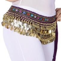 Belly Dancing Belt Skirt With Gold Coins, Belly Dancing Hip Scarf Dance Cloth tamsiai violetinė