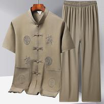 Siuvinėjimo Kung Fu Tai Chi Rinkinys Didelio Dydžio Medvilnės Lino Vyriškas Tang Kostiumas Hanfu Kinų Stiliaus Laisvalaikio Trumpomis Rankovėmis Marškiniai Kelnės Kostiumas 42 chaki