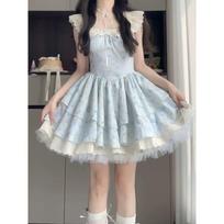 Homemade Sweet Spice Girl Small Flying Sleeves Gentle Wind Floral Waist Slim Skinny Square Neck Princess Dress Fluffy Dress Women M- (recommended 90-50 kg) mėlyna