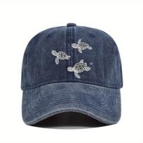 Vėžlio spaudos skalbta beisbolo kepuraitė Vintažinė Unisex reguliuojama kasdienė apsaugos nuo saulės kepurė One Size blue