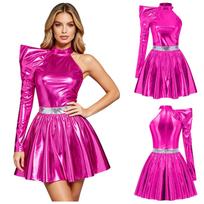 Moteriška 80-ųjų retro diskoteka suknelė, metalinė blizgi, su paaukštintu kaklu, vieno peties, asimetriška, su užtrauktuku nugaroje, Halloween, Cosplay vakarėliui S ryškiai rožinė