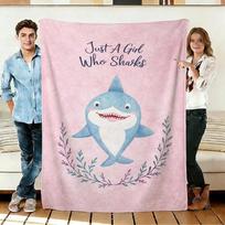 Cute Shark and Girl Flannel Blanket Soft Cozy Throws Napping Travel Use 75cm*90cm gray