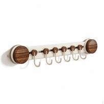 Virtuvinė kabliukų juosta su mediniais galais | nereikia įrankių, taupanti vietą, sieninė lentyna siurbtukais, skirta 6 Hooks balta