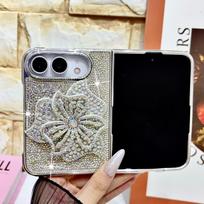 Sparkly Glitter Rhinestone Flower Crystal Studded Wrist Strap Phone Case For IPhone DUO 18 Fold PC Hard Anti Fingerprint Shockproof Protection Cover iPhone Ultra