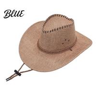 Sun Proof Linen Cap Western Cowboy Hat with Windbreak Rope for Men Wide Brim Fashionable Outdoor Travel Halloween Cosplay Costume Breathable Fedora chaki
