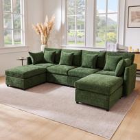 Modulinė sofa, transformuojama į U formą ir L formą, su 2 pufais ir 6 pagalvėmis, modernus veliūro audinio sofos komplektas, vaizdo įrašas prieinamas, žalia 278 x 161 x 81 cm žalia