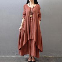 Moteriška musulmoniška lininė medvilninė marškinių suknelė Abaya ilgomis rankovėmis Kaftan suknelė netaisyklingo dizaino suknelė laisvalaikio laisvi maišeliai Maxi suknelės chalatas plius dydis M-5XL XL plytų raudona spalva