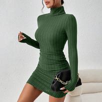 Megzta apatinė suknelė moterims Elegantiška vakarėlio rudens žiemos aukštu kaklu ilgomis rankovėmis Seksuali prigludusi mini suknelė Bodycon klubinė suknelė XS žalia