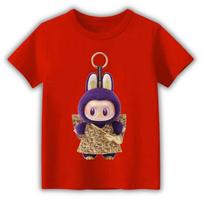 New Labubu Children's T-shirt Cartoon Cute LABUBU Pattern Round Neck Short Sleeve Casual Versatile Girls' Top 100 red