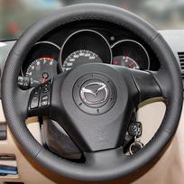 Rankomis siuvama juoda odinė automobilio vairo apdangalas, skirtas Mazda 3 Axela 2004-2009, Mazda 5, Mazda 6 Atenza, Mazda MPV Yellow Thread gray