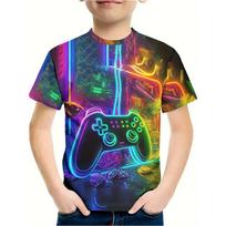 T-shirt berniukui 3D spausdinimas Žaidimų pultelis Doodle Berniukiški T-shirt'ai Laisvalaikio apvalia kaklo iškirpte trumpomis rankovėmis Viršutinė dalis Vaikams Vasara Vaikų drabužiai 130 beige