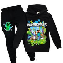 Vaikų Minecraft sportinio kostiumo komplektas su sportiniu spaudiniu, su gobtuvu ir kelnėmis, laisvalaikio apranga 130cm raudona
