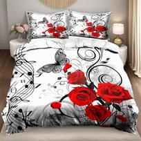 3pcs White Beding Set Musical Score Red Rose Print Cozy Soft Duvet Cover Set King Quen Twin Single Sized Dimensions Birthday Gift Bedrom Decor 100*200cm Single gray