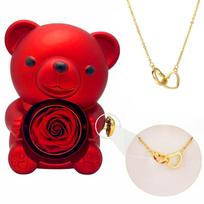 [Drawelry] Personalized Heart Necklace with Genuine Rose Bear Jewelry Box, Preserved Eternal Rose Hug Bear Gift Set, Heart Necklace Bear Box red