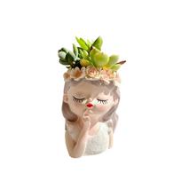 Resin Girl Face Planter Pot for Succulents Decorative Flower Plant Container with Floral Headband for Home Office Desk Shelf one size beige