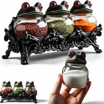 Handcrafted Gothic Vintage Frog Spice Jars Glass Food Storage Set containers with an ornate black display base Keeps your herbs and teas neatly 1Set gray