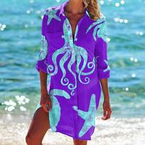 Sea Turtle Seahorse Starfish 3D Print Beach Blouses Women Long Sleeve Blusa Mid-length Shirts Buttons Shirt Blouse Pocket Tops 3XL purple