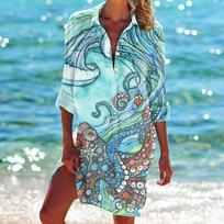 Sea Turtle Seahorse Starfish 3D Print Beach Blouses Women Long Sleeve Blusa Mid-length Shirts Buttons Shirt Blouse Pocket Tops XL white