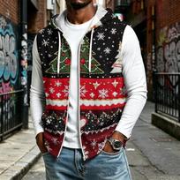 Men's Sleeveless Hoodie Zip Up Vest with Christmas Print for Holiday Celebration S white