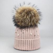 Skrybėlė Minkštos vilnos pupelės Moteriškos Tikras Natūralus Kailis Pom Poms Mados Perlų Megztos Skrybėlės Merginos Moteriškos Beanie Cap Pompom Žieminės kepurės moterims B brown