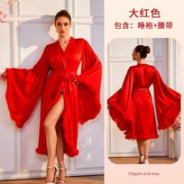 OZON premium hair sleeve nightgown loose horn sleeve satin long sexy private room can wear morning robe 1181 One size fits all raudona