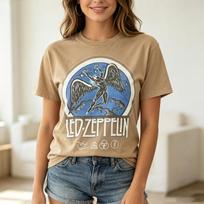 Vintage Rock Band PrintLed Tshir Zeppelin Band 1975 Tour Tee Casual and Comfortable Spring and Summer New Product Unisex M beige