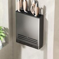 Carbon Steel Kitchen Knife Rack Multi Functional Storage Rack Wall Mountable With Drain Tray as the picture gray