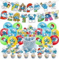 Smurfų Gimtadienio Dekoracijų Rinkinys, Apima Mėlyną Vėliavėlę, Spiralines Kabinamas Dekoracijas, Keksiukų Viršūnes ir Balionus