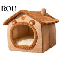 Plush Pet Bed Cave with Removable Cushion Pillow Cartoon Bear Enclosed Indoor Cat Dog House Kitten Puppy Winter Warm Sleeping Nest Supplies L